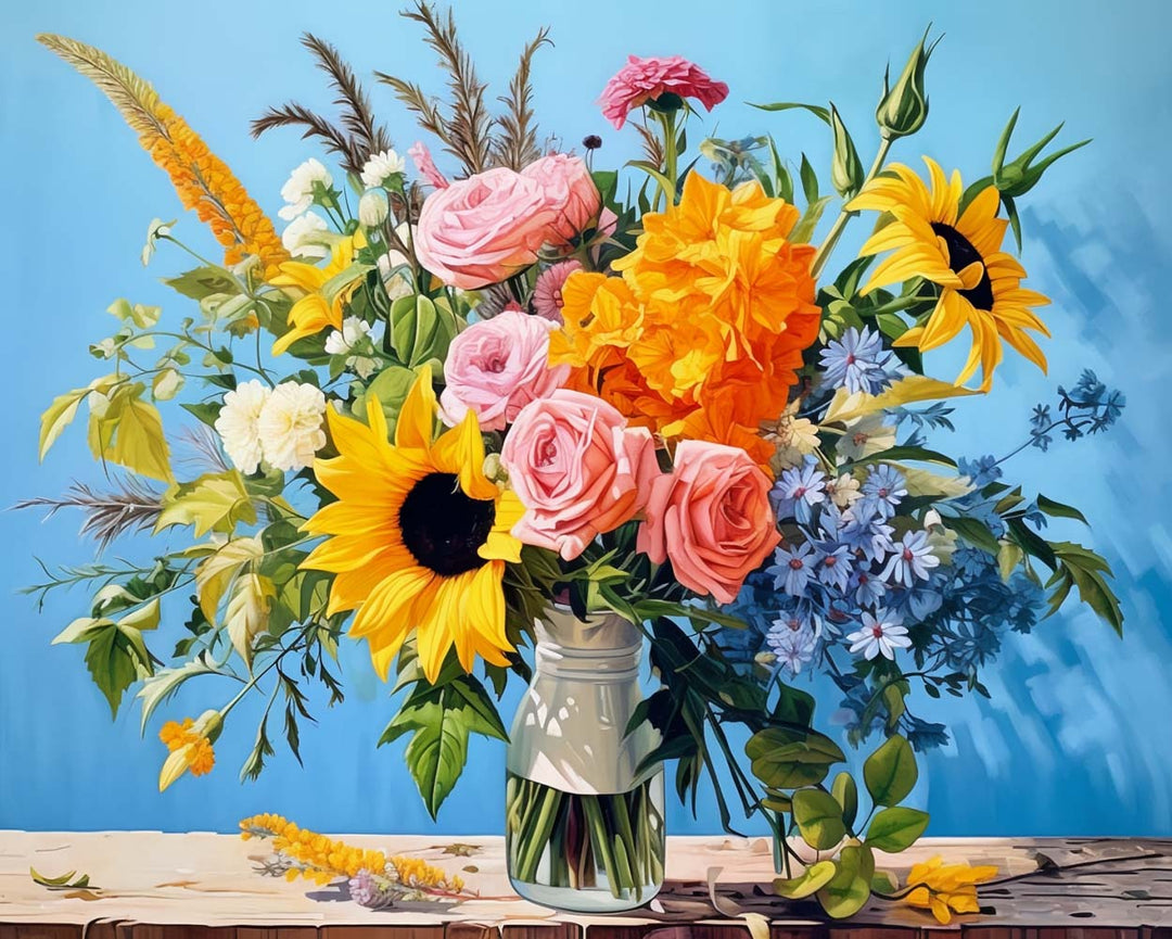 Zonnebloemen en Rozen Boeket Diamond Painting