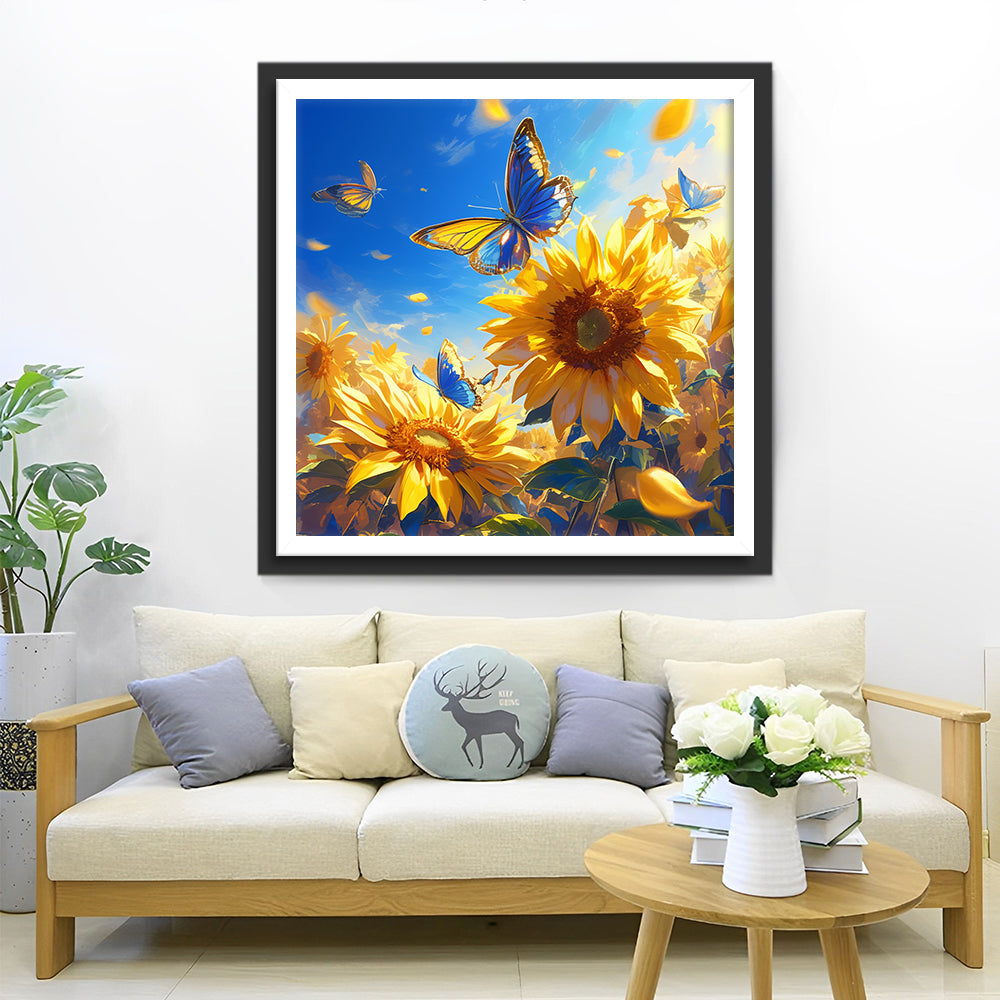 Zonnebloemen en Vlinders in Een Zonnig Landschap Diamond Painting