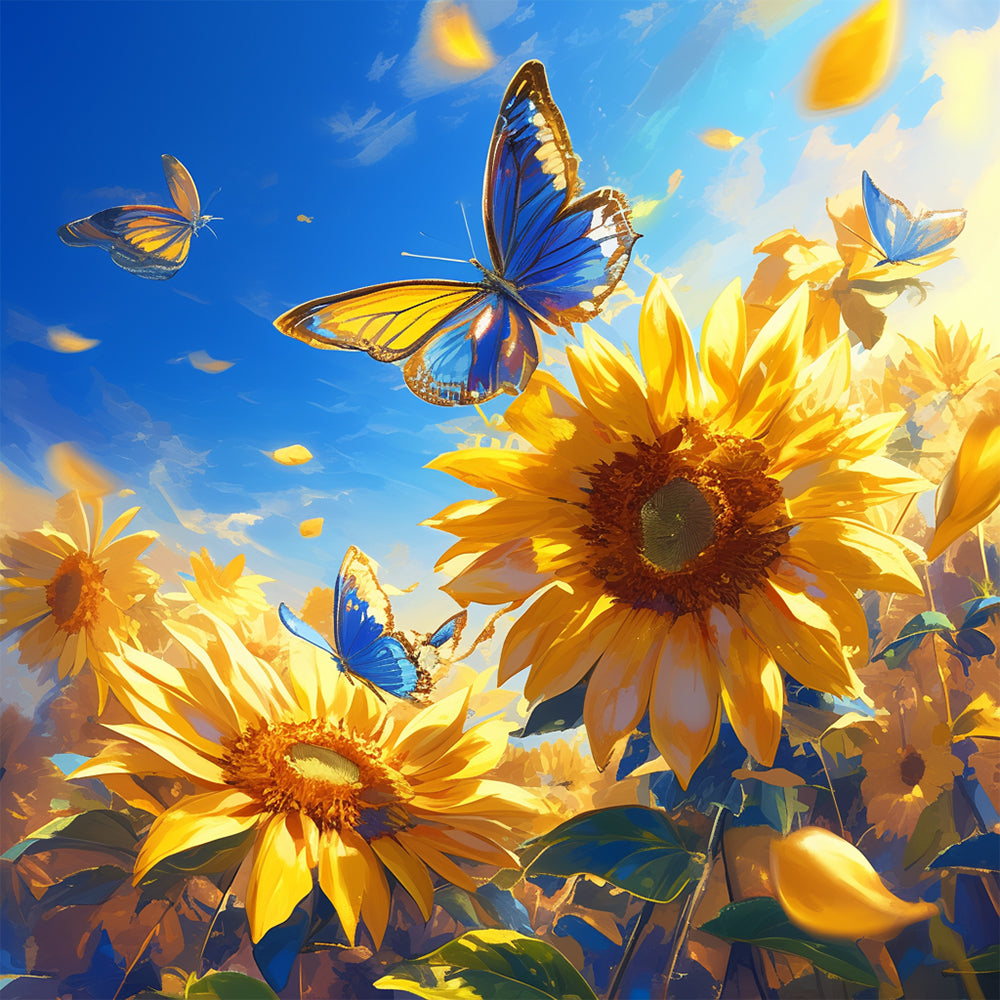 Zonnebloemen en Vlinders in Een Zonnig Landschap Diamond Painting