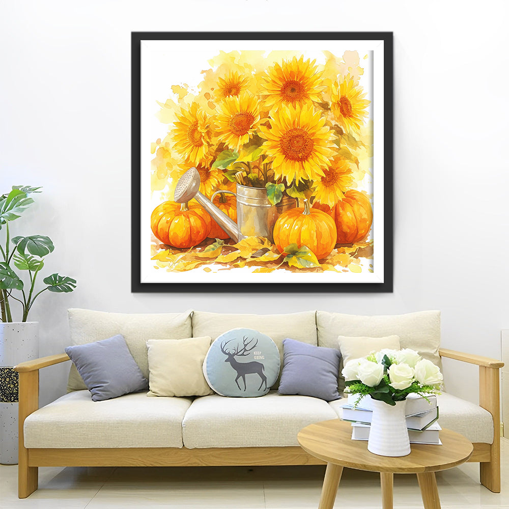 Zonnebloemen, Gieter en Pompoenen Diamond Painting