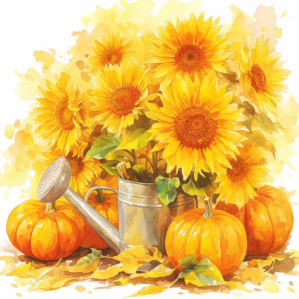 Zonnebloemen, Gieter en Pompoenen Diamond Painting