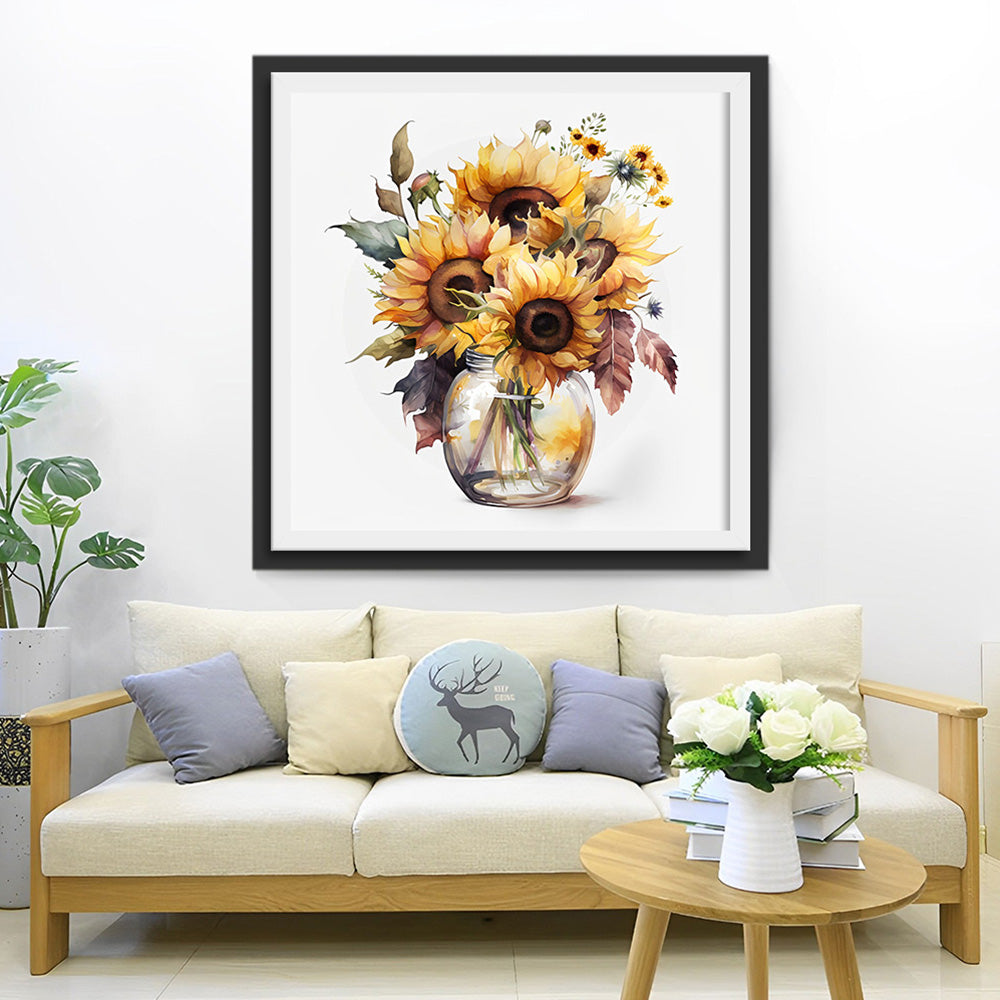 Zonnebloemen in Glazen Vaas Diamond Painting