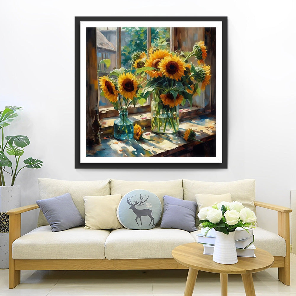 Zonnebloemen op de Vensterbank Diamond Painting