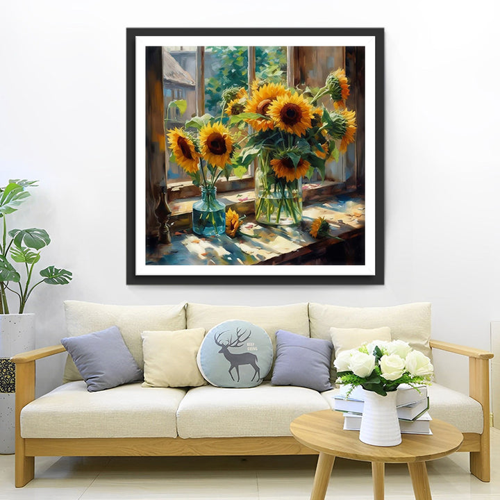 Zonnebloemen op de Vensterbank Diamond Painting