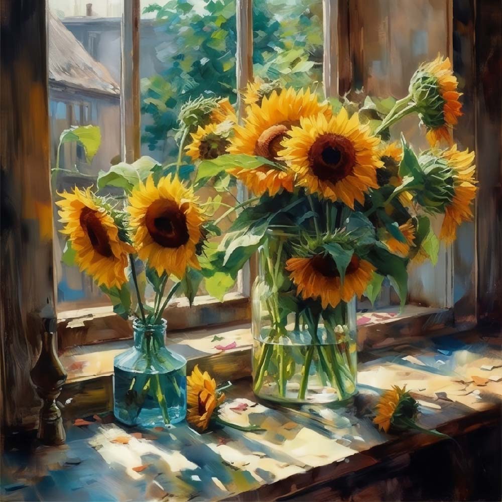 Zonnebloemen op de Vensterbank Diamond Painting