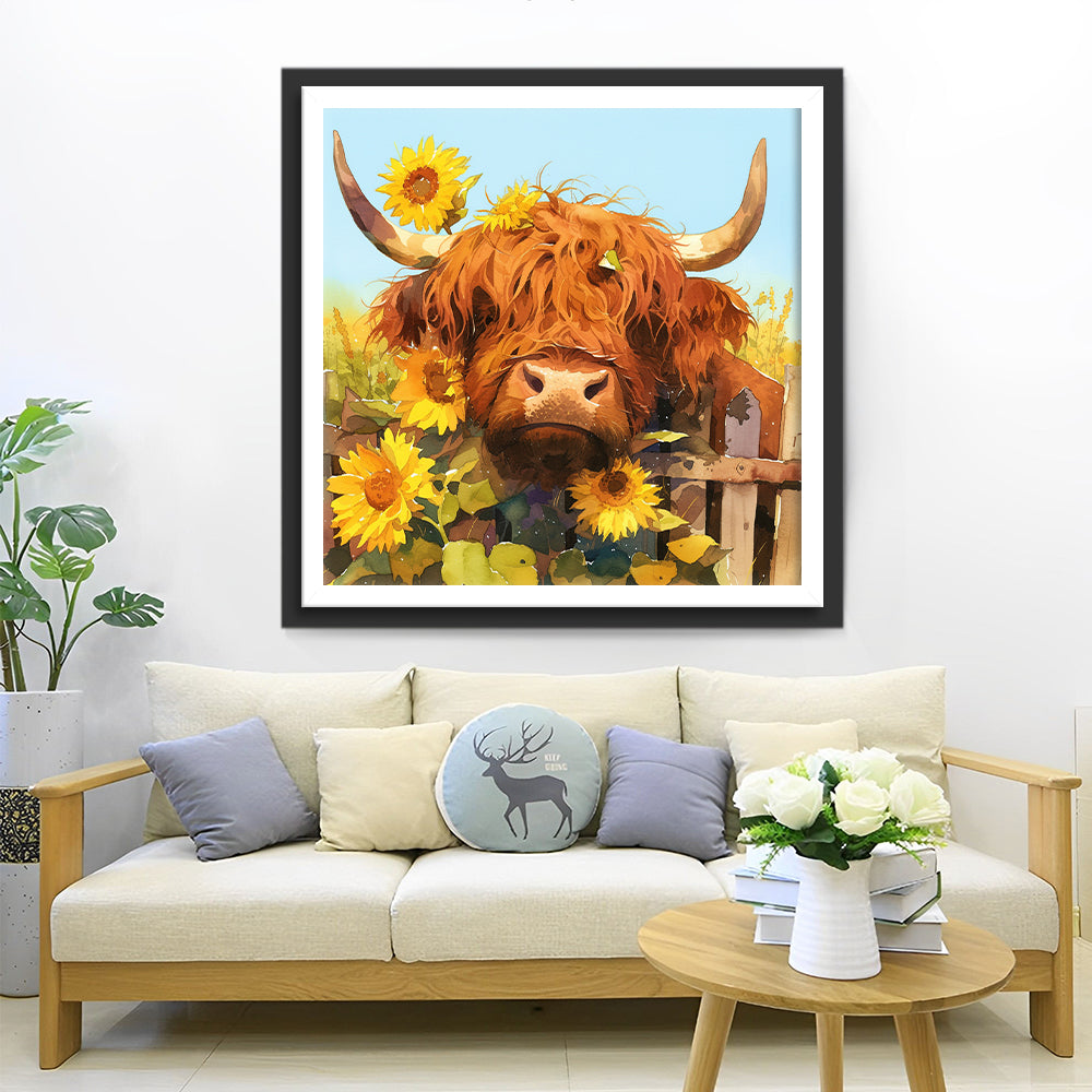 Zonnebloemen op het Hek en Bruine Koe Diamond Painting