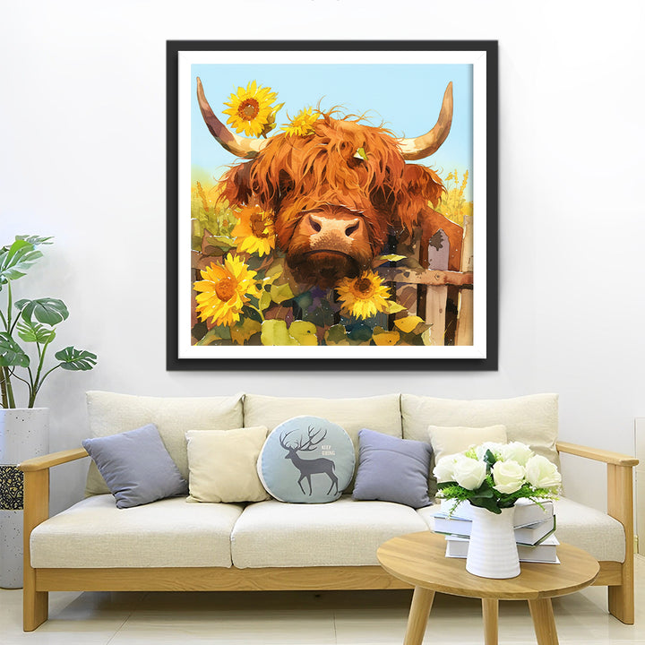 Zonnebloemen op het Hek en Bruine Koe Diamond Painting