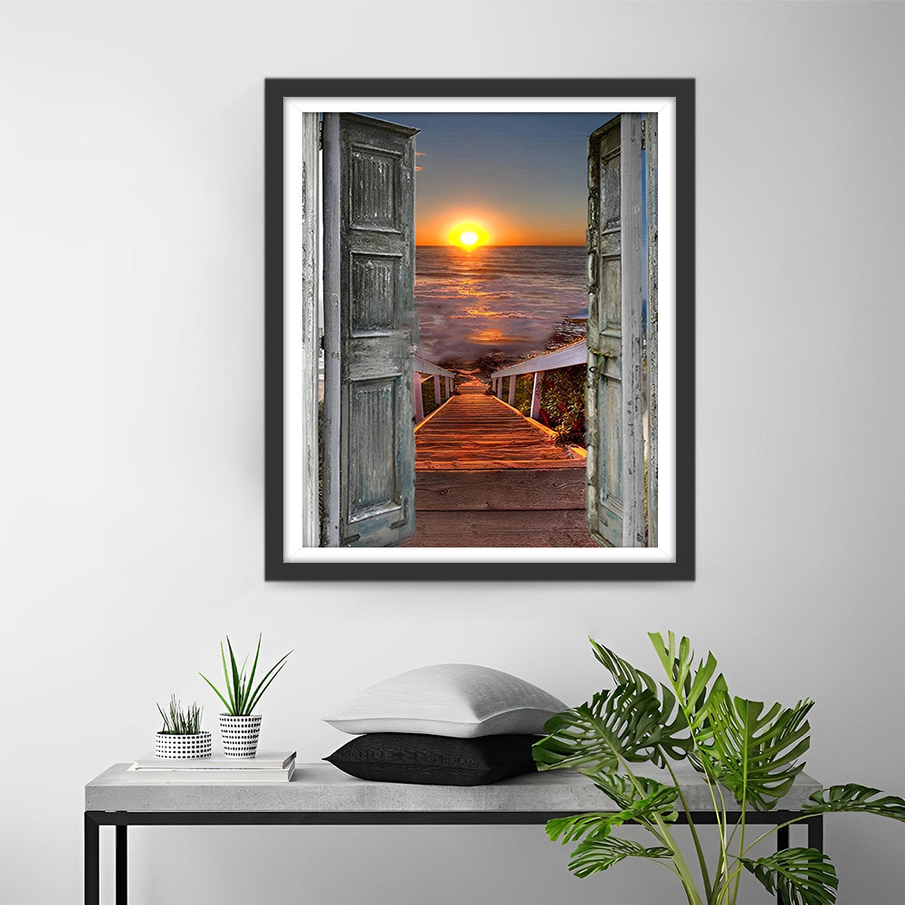 Zonsondergang aan Zee Buiten de Houten Deur Diamond Painting