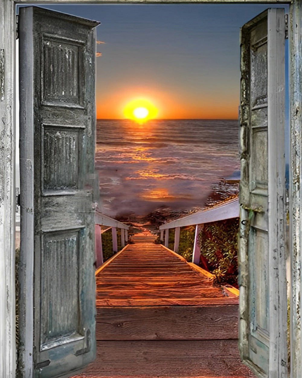 Zonsondergang aan Zee Buiten de Houten Deur Diamond Painting