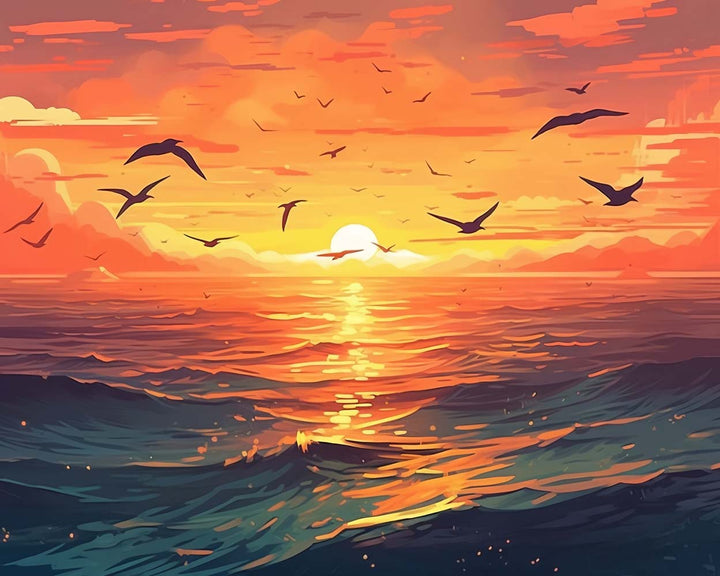 Zonsondergang en Meeuwen Diamond Painting