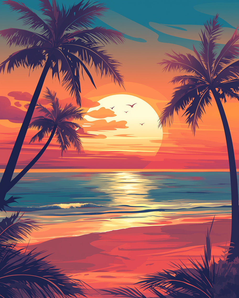 Zonsopgang boven de Zee en Palmbomen Diamond Painting