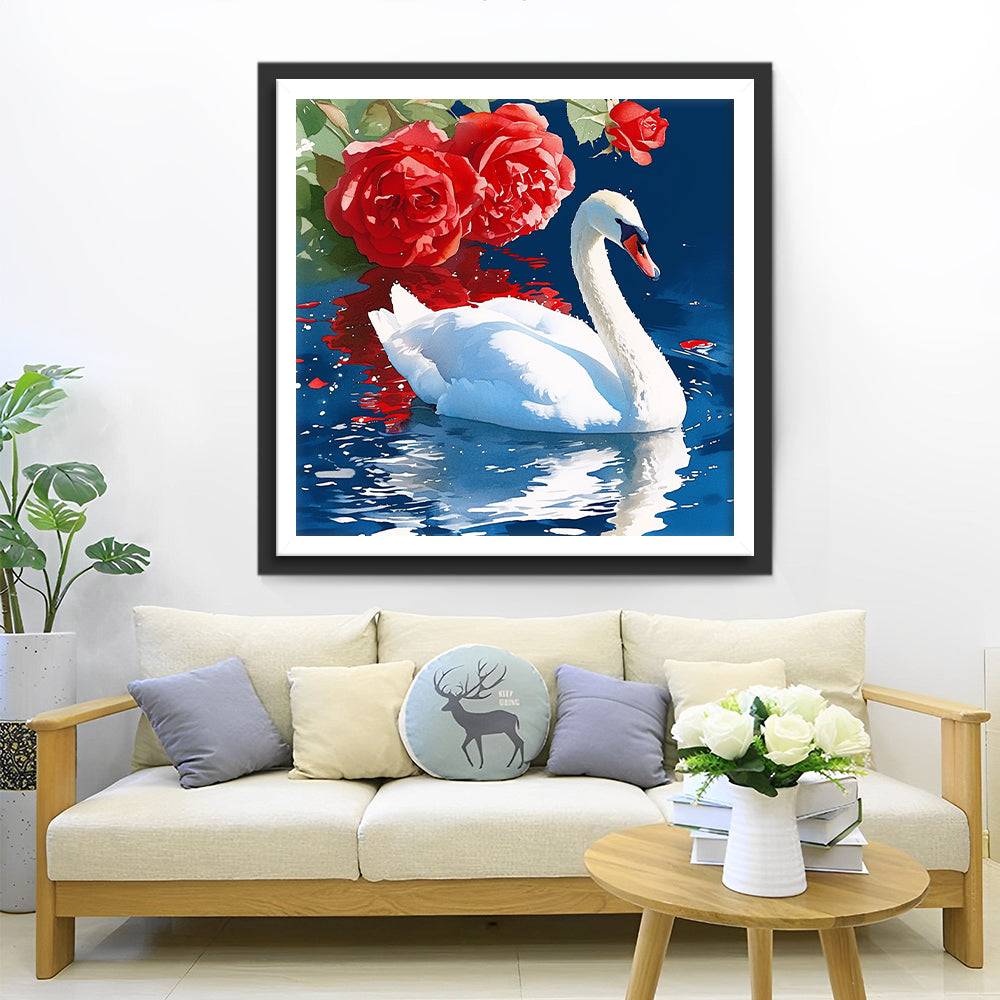 Zwaan naast Roze Bloemen in de Rivier Diamond Painting