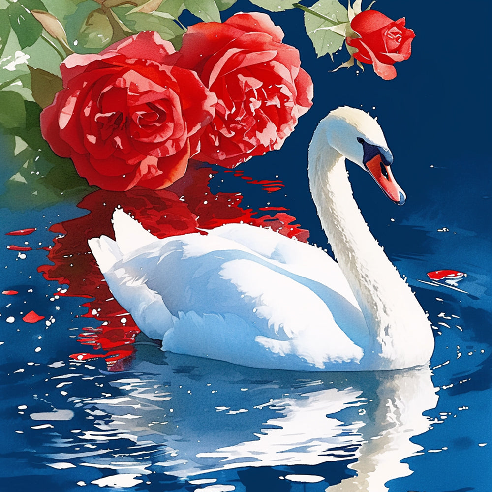 Zwaan naast Roze Bloemen in de Rivier Diamond Painting