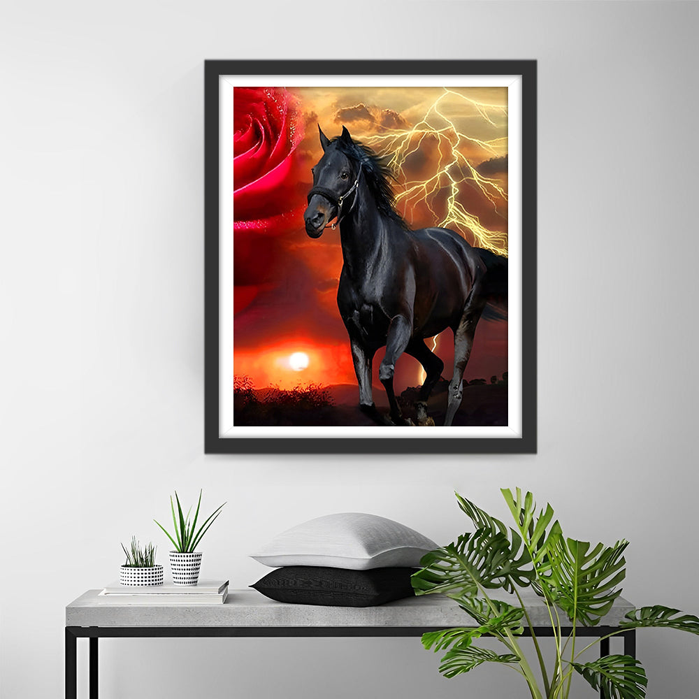 Zwart Paard en Rode Roos Diamond Painting