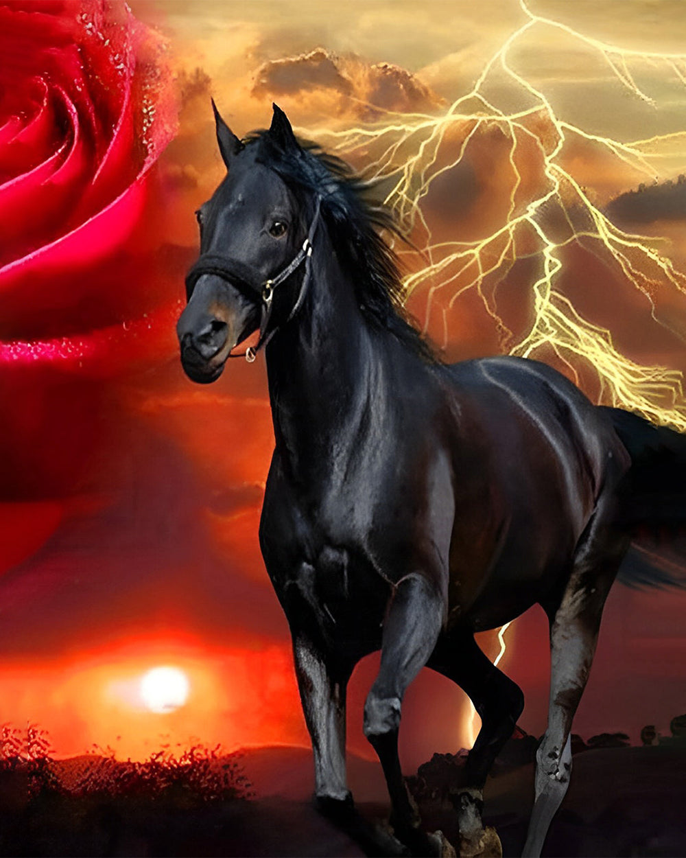 Zwart Paard en Rode Roos Diamond Painting