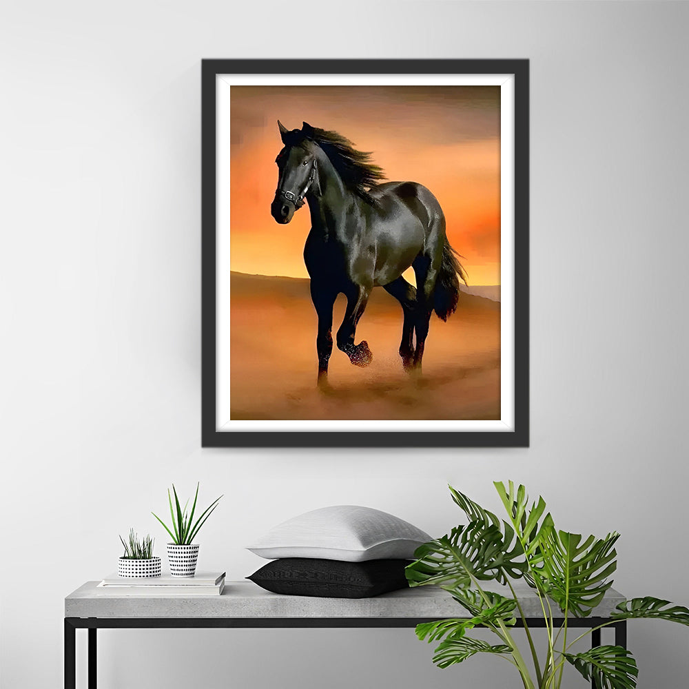 Zwart Paard Rennend in de Woestijn Diamond Painting