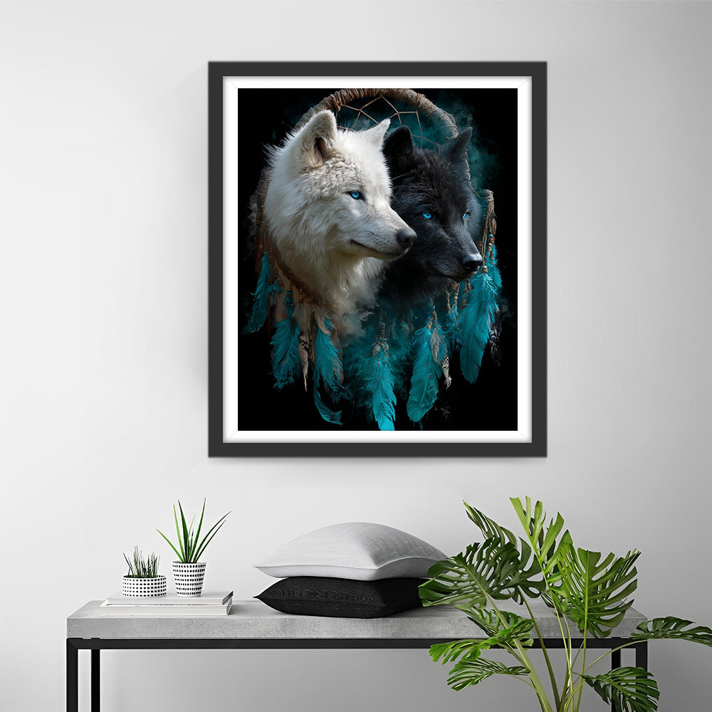 Zwart-Witte Wolf Dromenvanger Diamond Painting