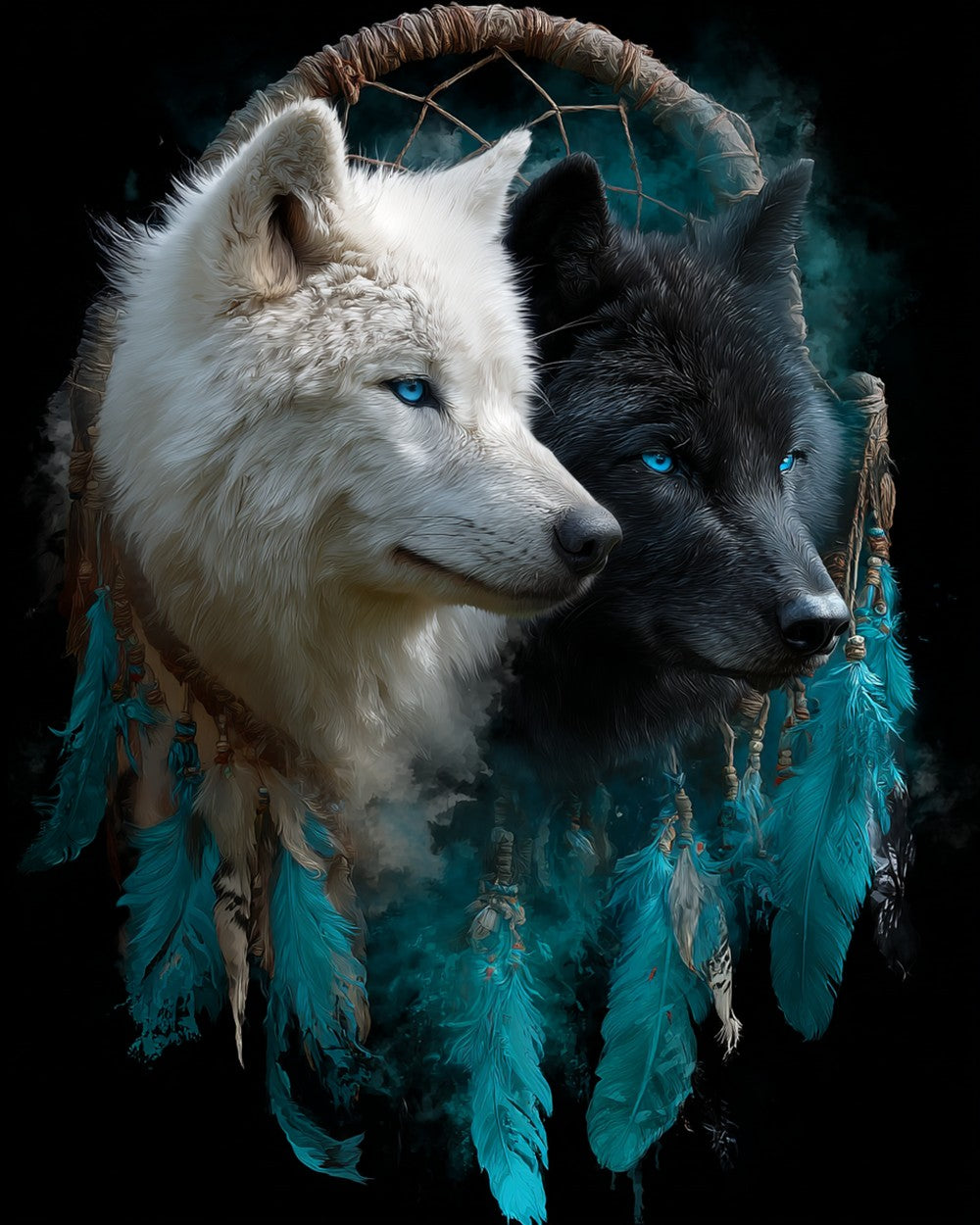 Zwart-Witte Wolf Dromenvanger Diamond Painting