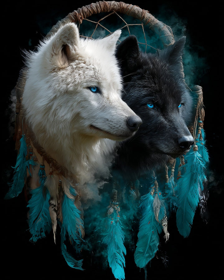 Zwart-Witte Wolf Dromenvanger Diamond Painting