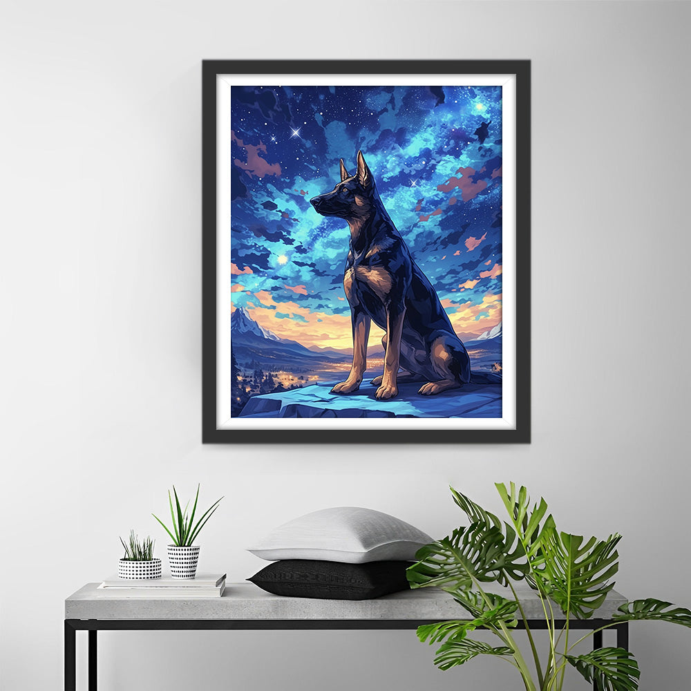 Zwarte Hond onder de Sterren Diamond Painting