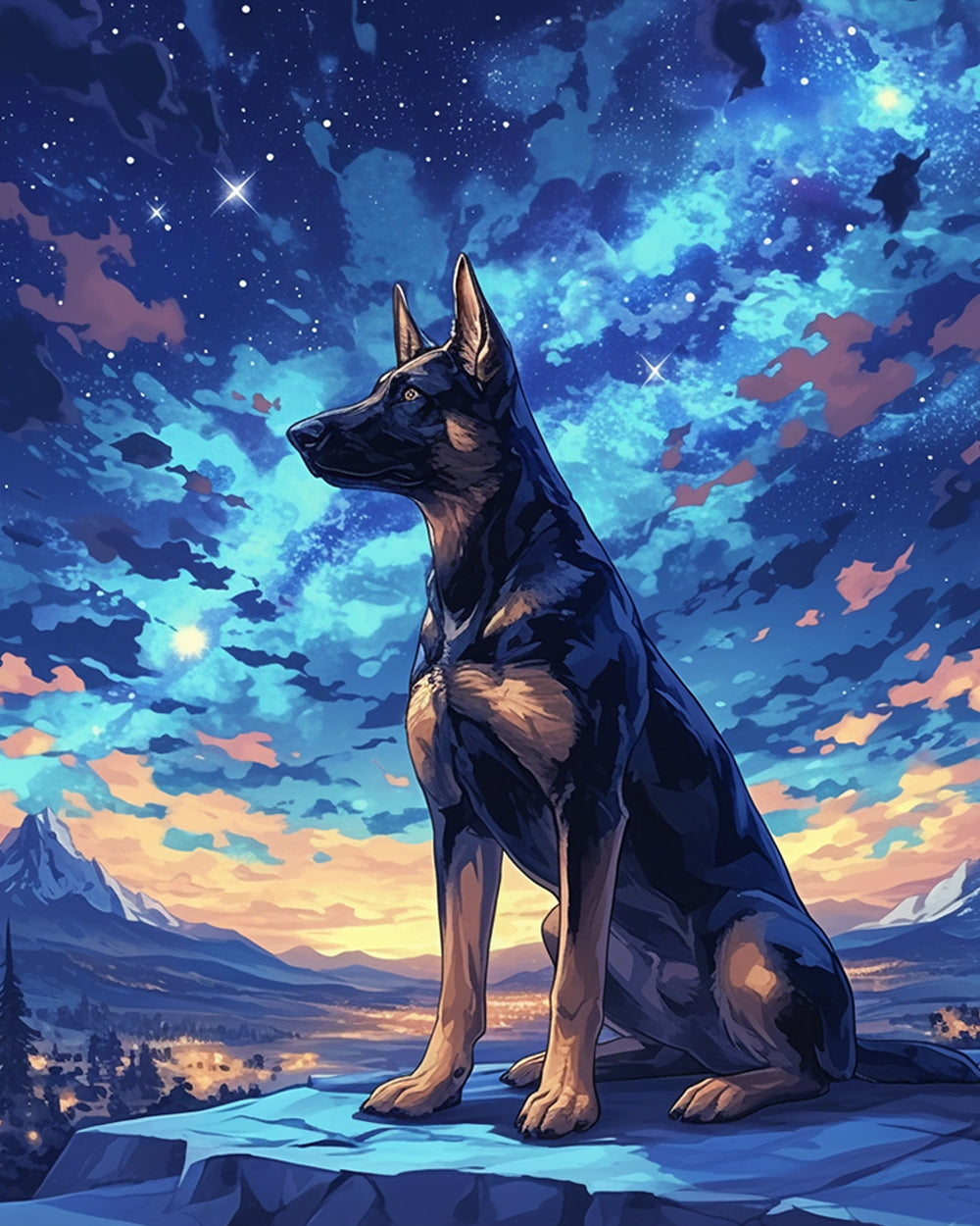 Zwarte Hond onder de Sterren Diamond Painting