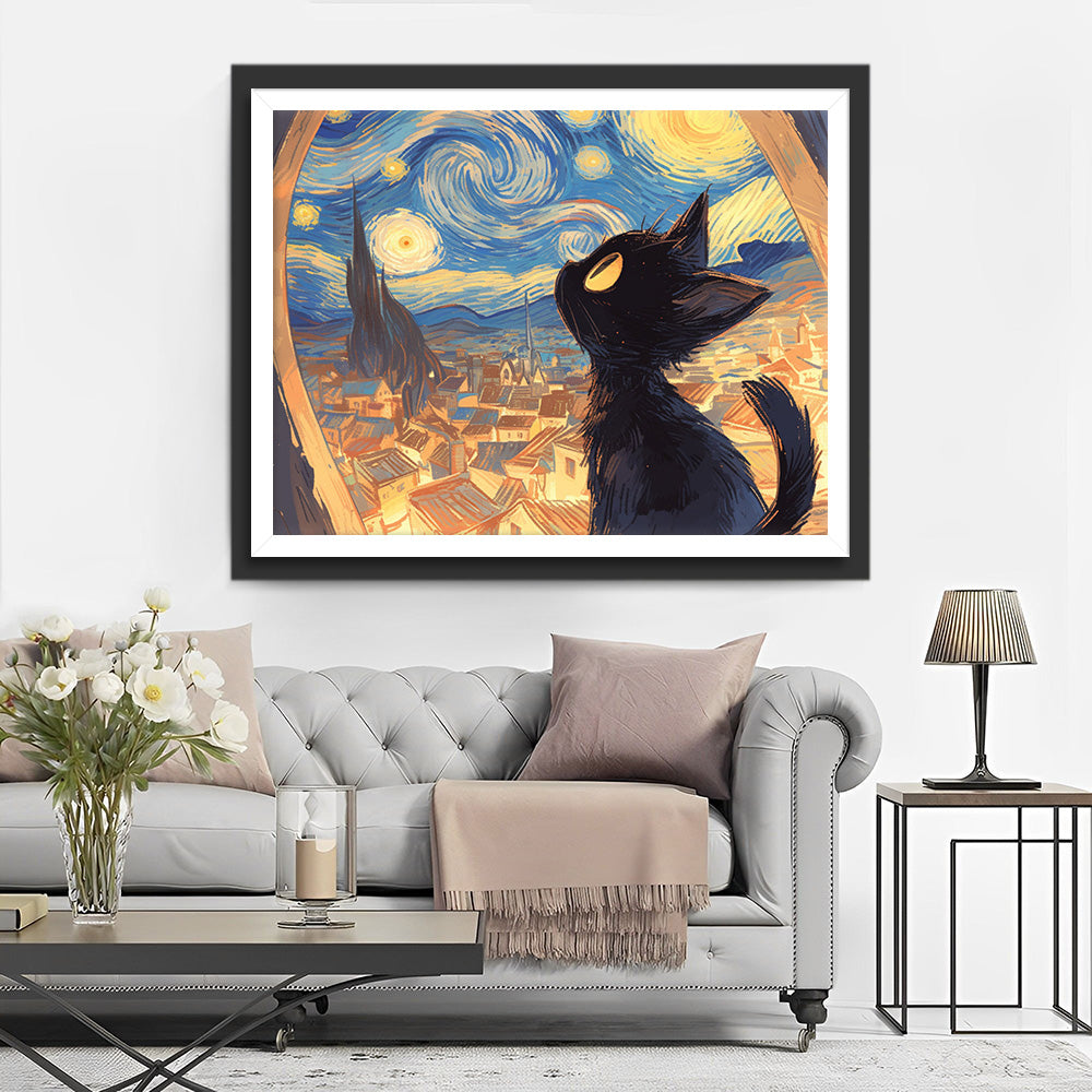 Zwarte Kat die naar de Sterrenhemel Kijkt Diamond Painting