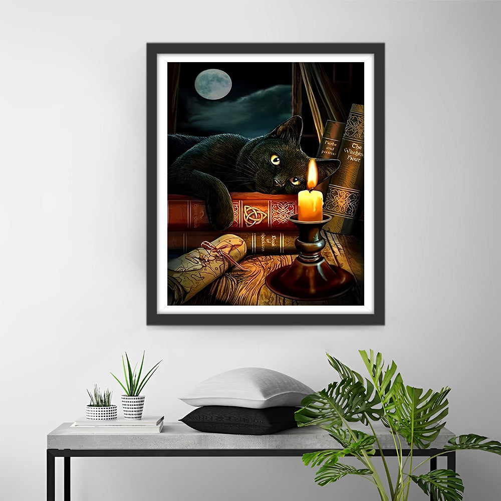 Zwarte Kat en Kaars Diamond Painting