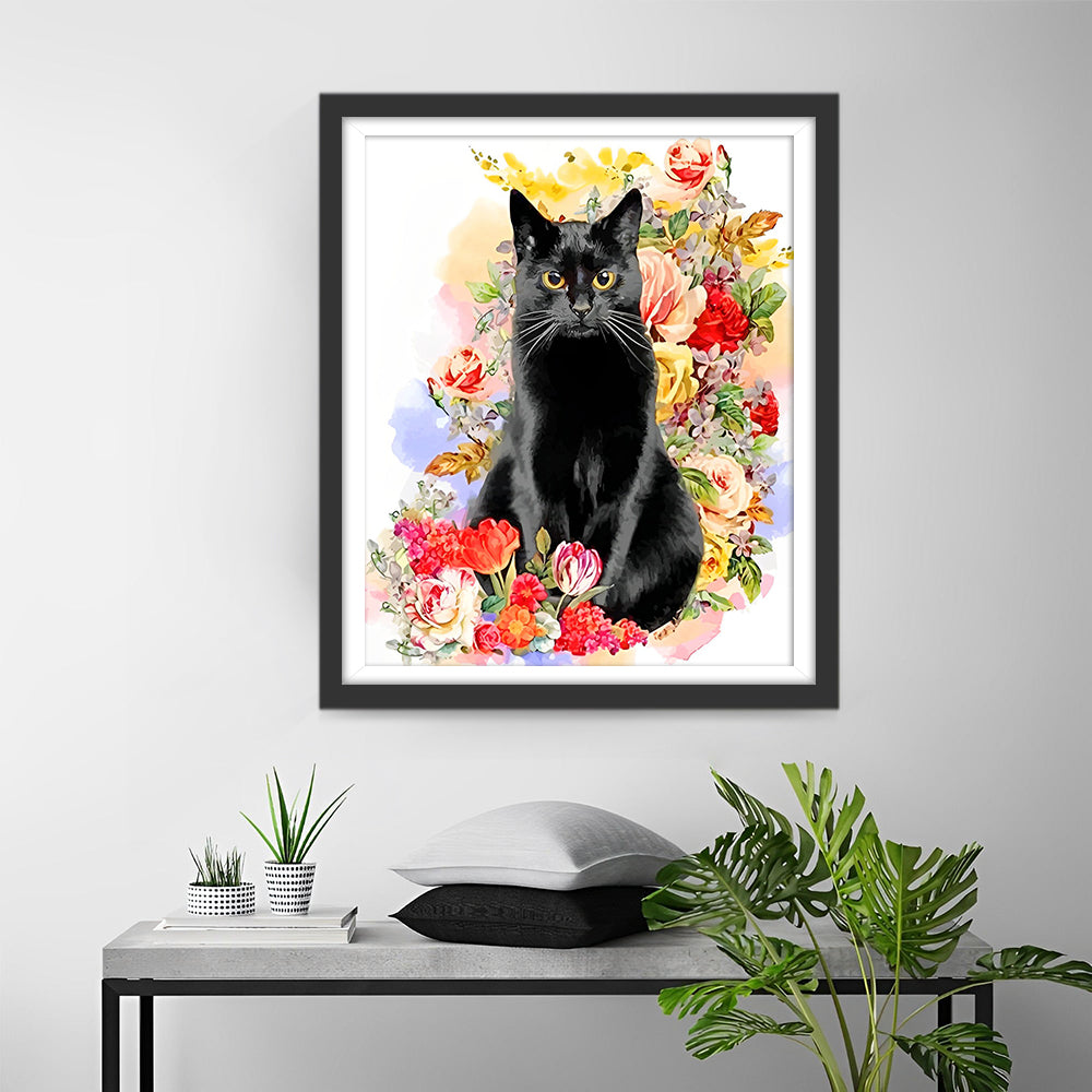 Zwarte Kat in Bloemen Diamond Painting