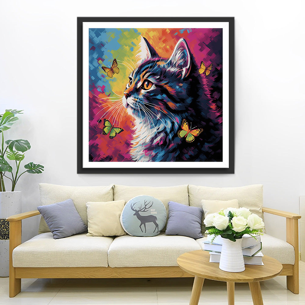 Zwarte Kat en Vlinders Diamond Painting