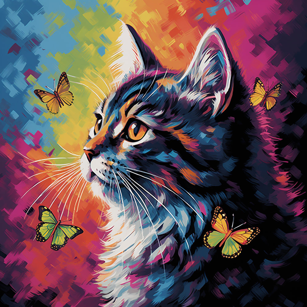 Zwarte Kat en Vlinders Diamond Painting