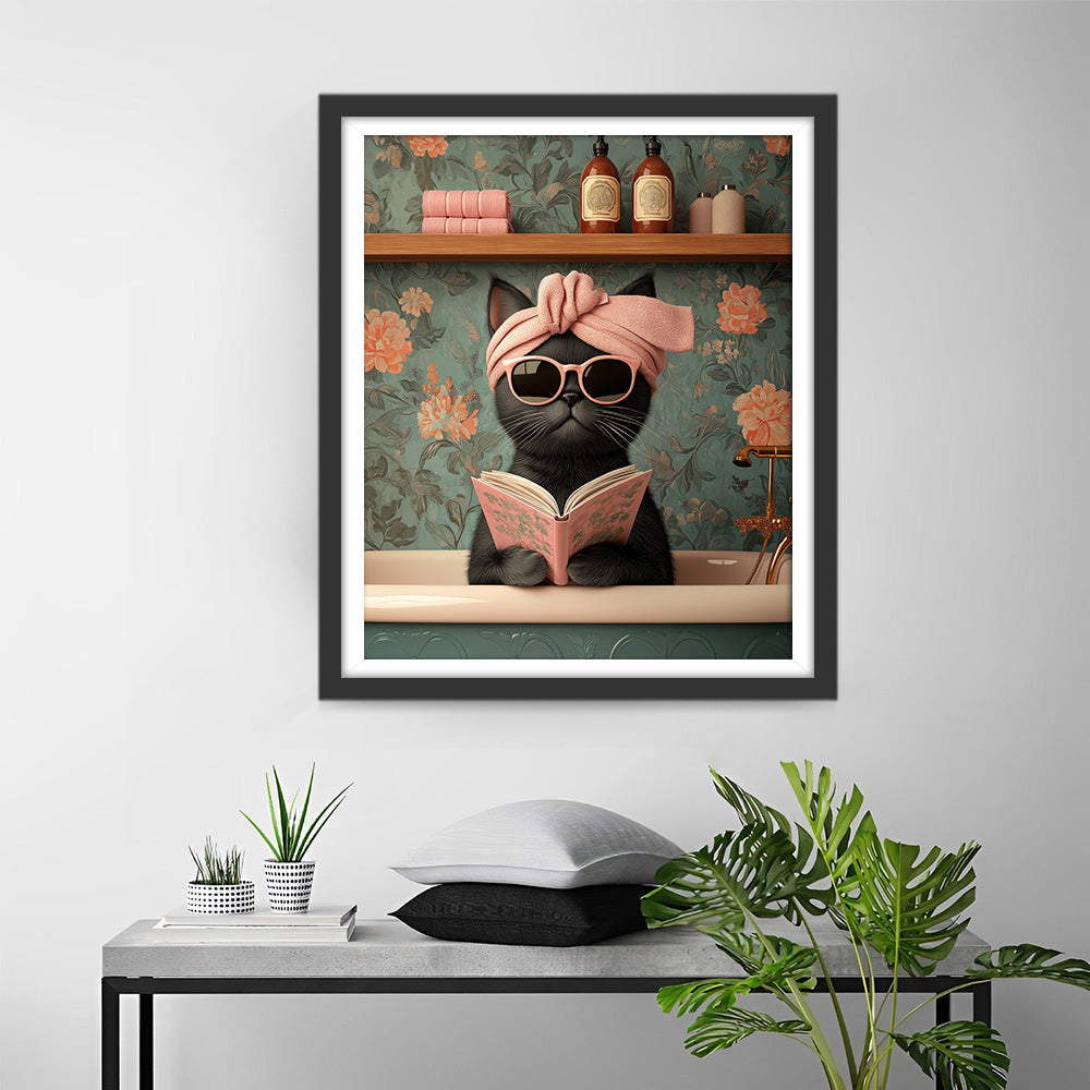 Zwarte Kat Leest een Boek Diamond Painting