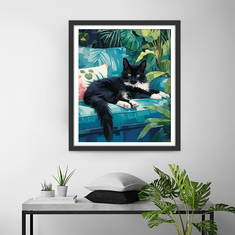 Zwarte Kat op de Groene Bank Diamond Painting