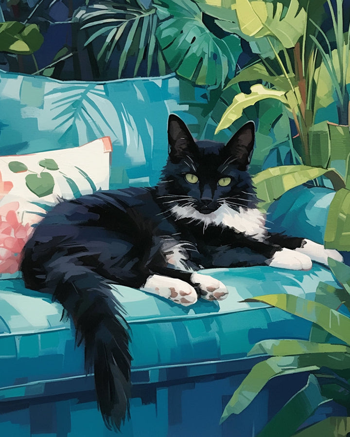 Zwarte Kat op de Groene Bank Diamond Painting