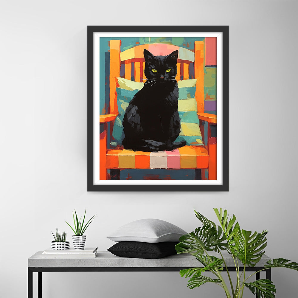 Zwarte Kat op een Kleurrijke Stoel Diamond Painting