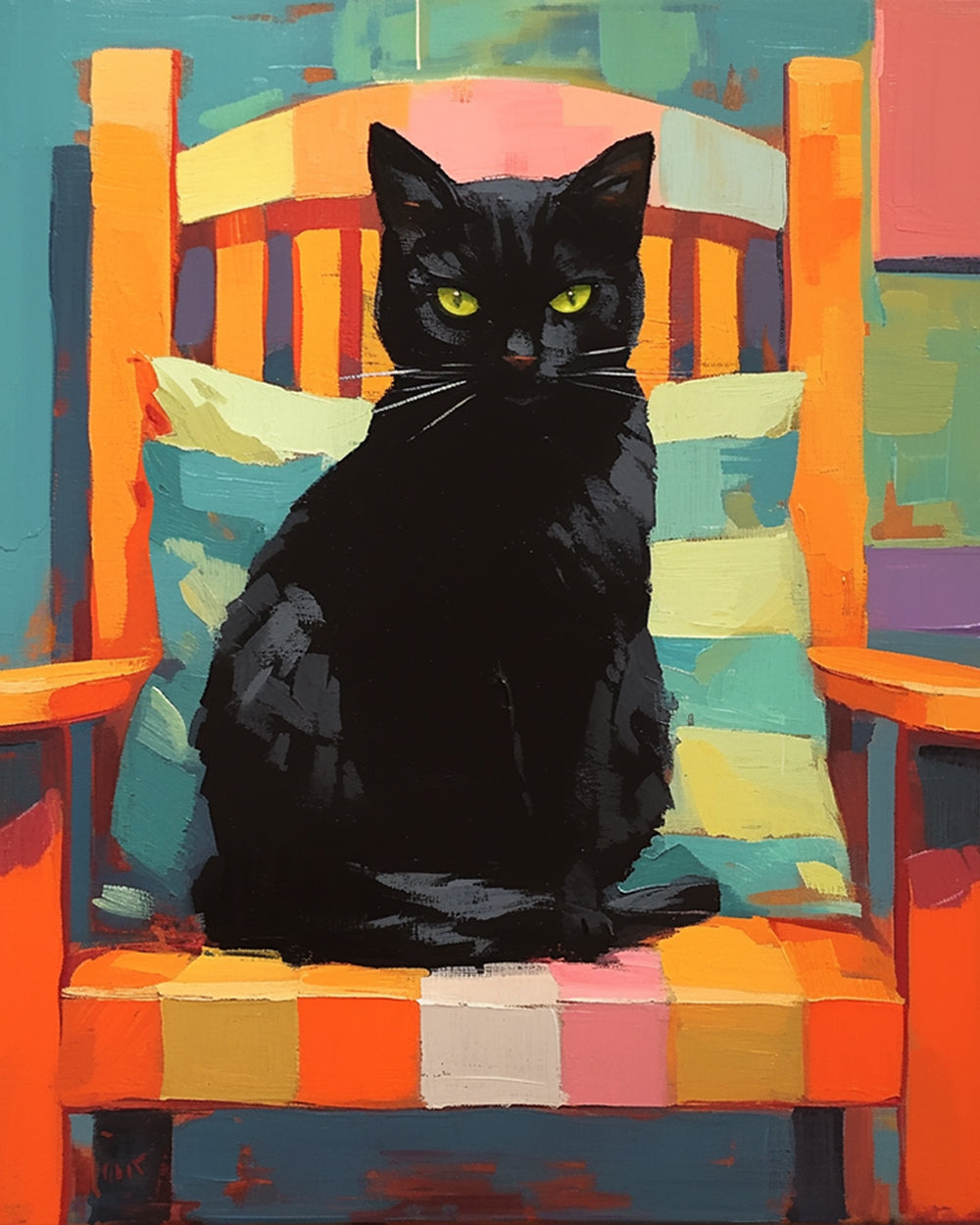 Zwarte Kat op een Kleurrijke Stoel Diamond Painting