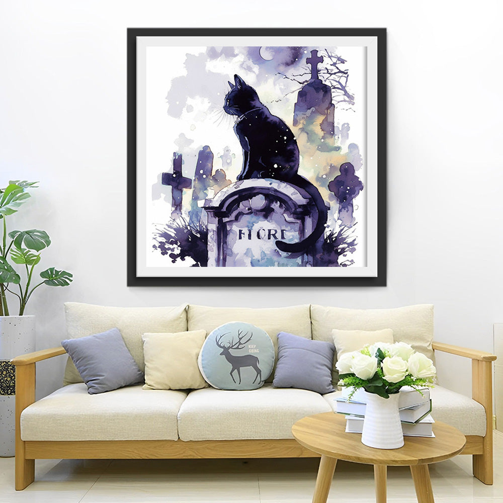 Zwarte Kat op Grafsteen Diamond Painting