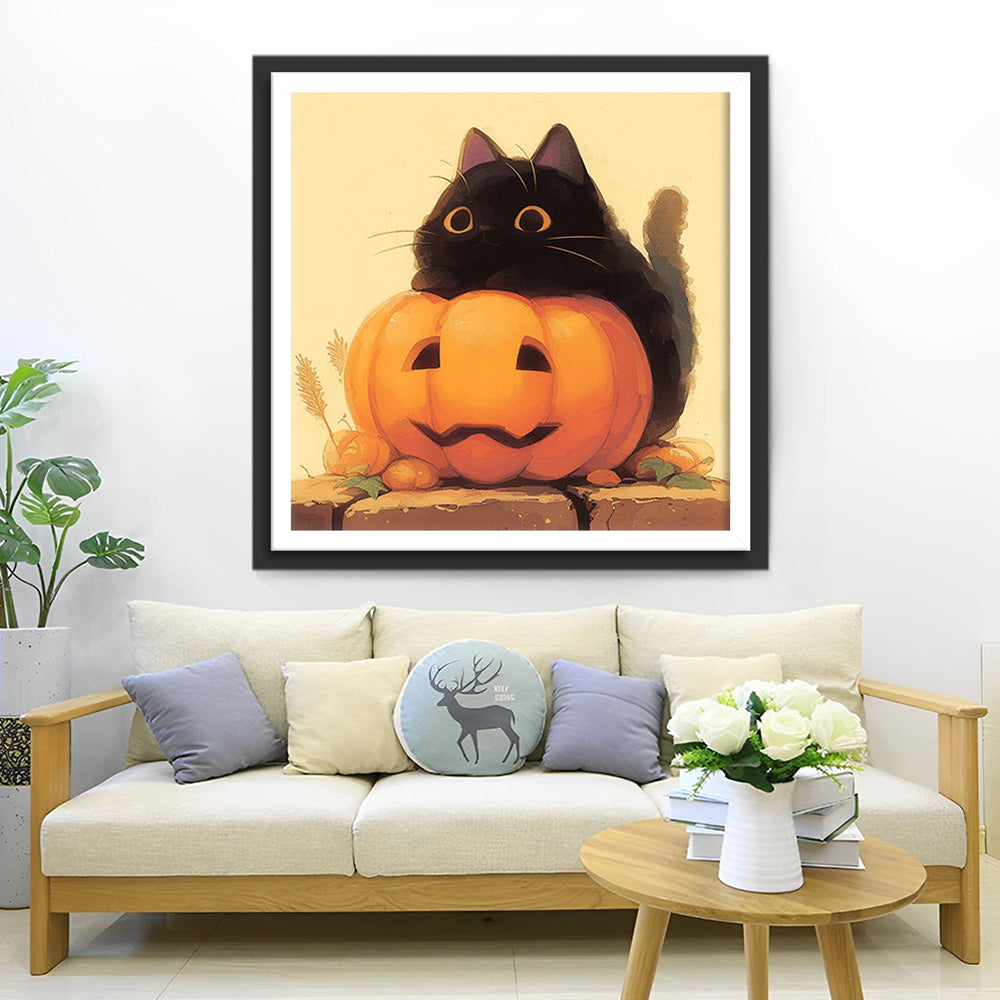 Zwarte Kat op Halloween Pompoenlantaarn Diamond Painting