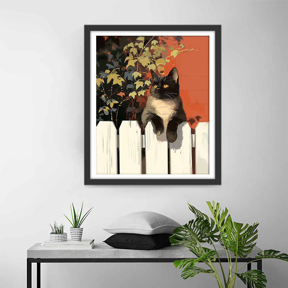 Zwarte Kat op het Hek Diamond Painting