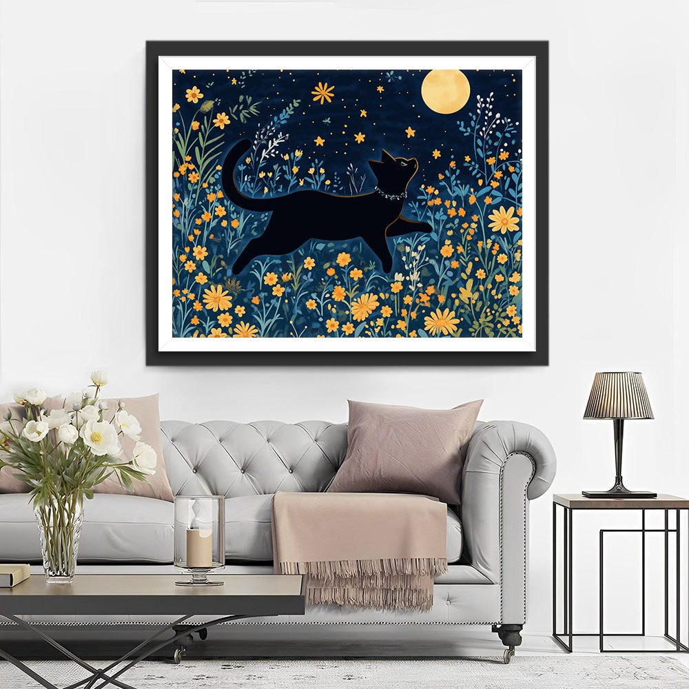 Zwarte Kat tussen Gele Bloemen onder Volle Maan Diamond Painting