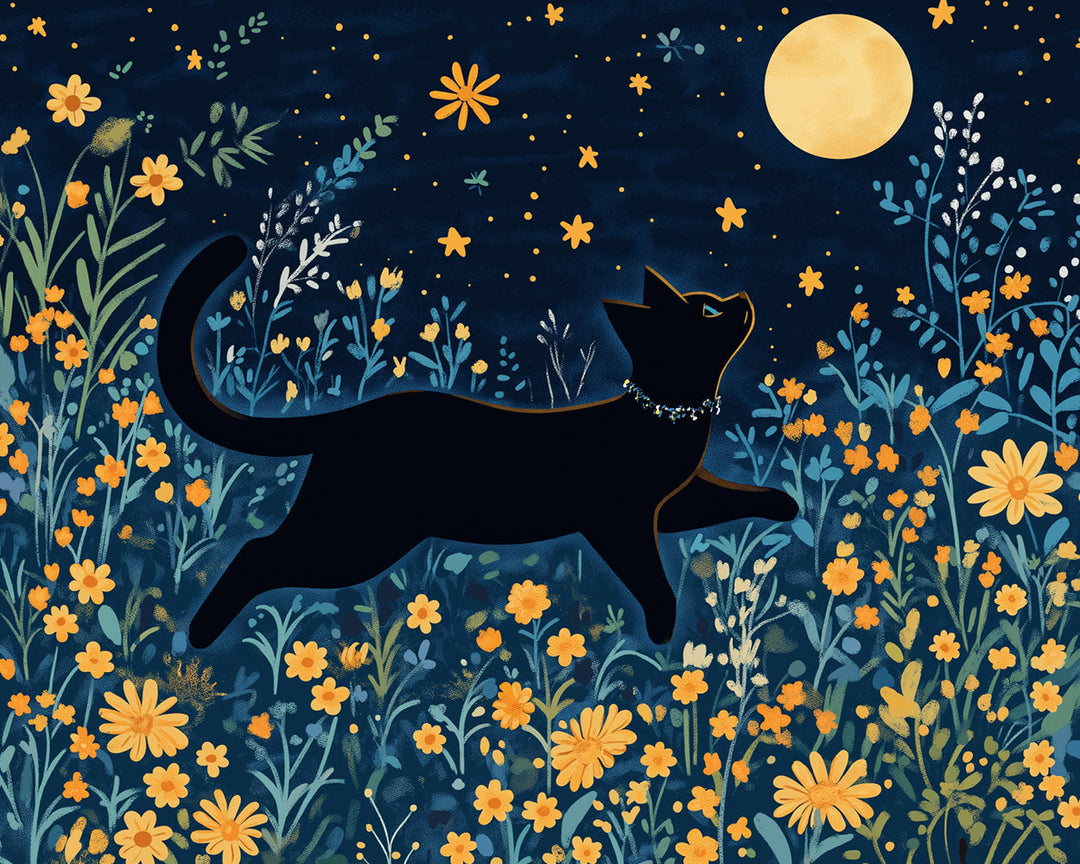 Zwarte Kat tussen Gele Bloemen onder Volle Maan Diamond Painting