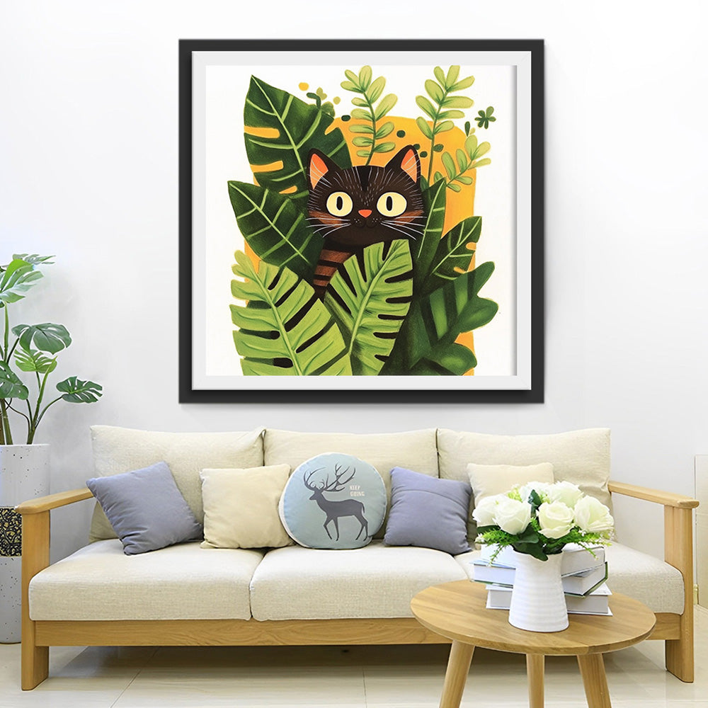Zwarte Kat Verstopt in Bloempotten Diamond Painting