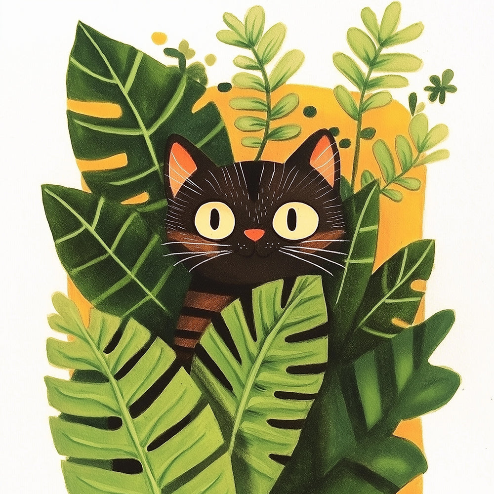 Zwarte Kat Verstopt in Bloempotten Diamond Painting