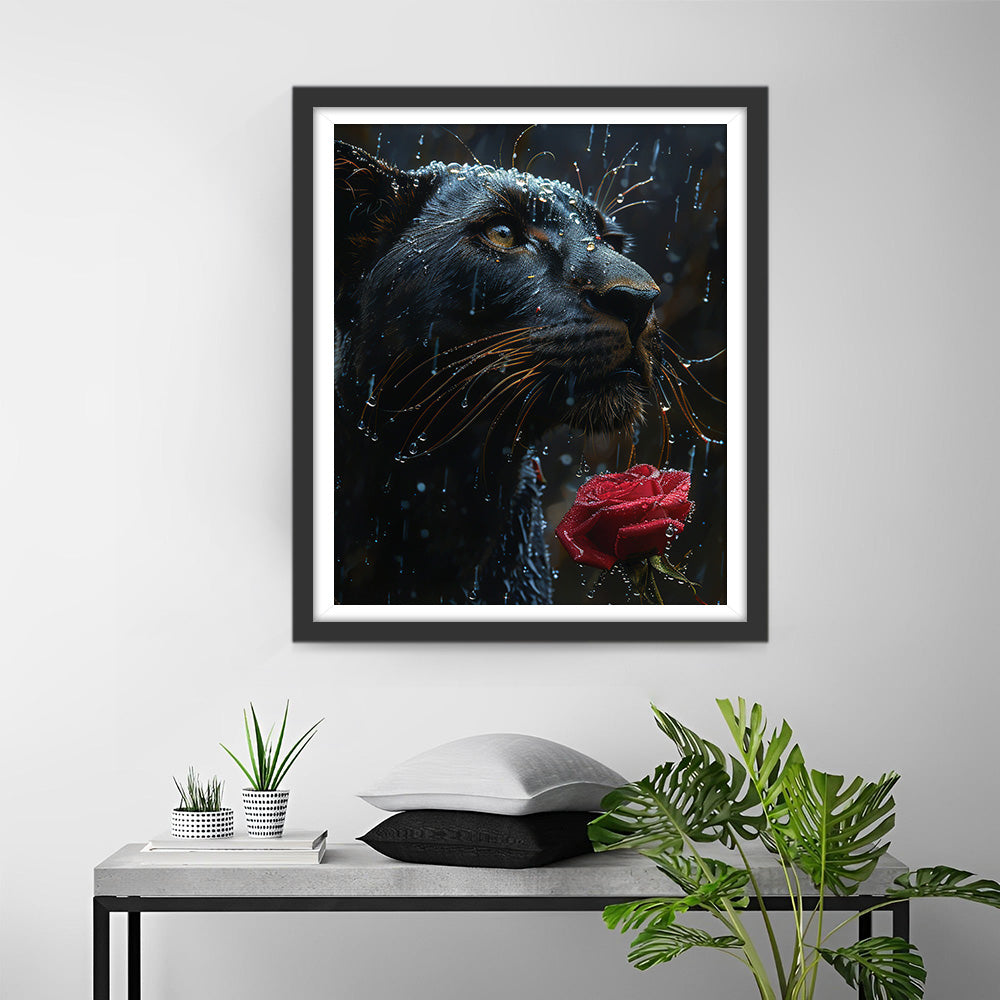 Zwarte Panter en Rode Roos in de Regen Diamond Painting