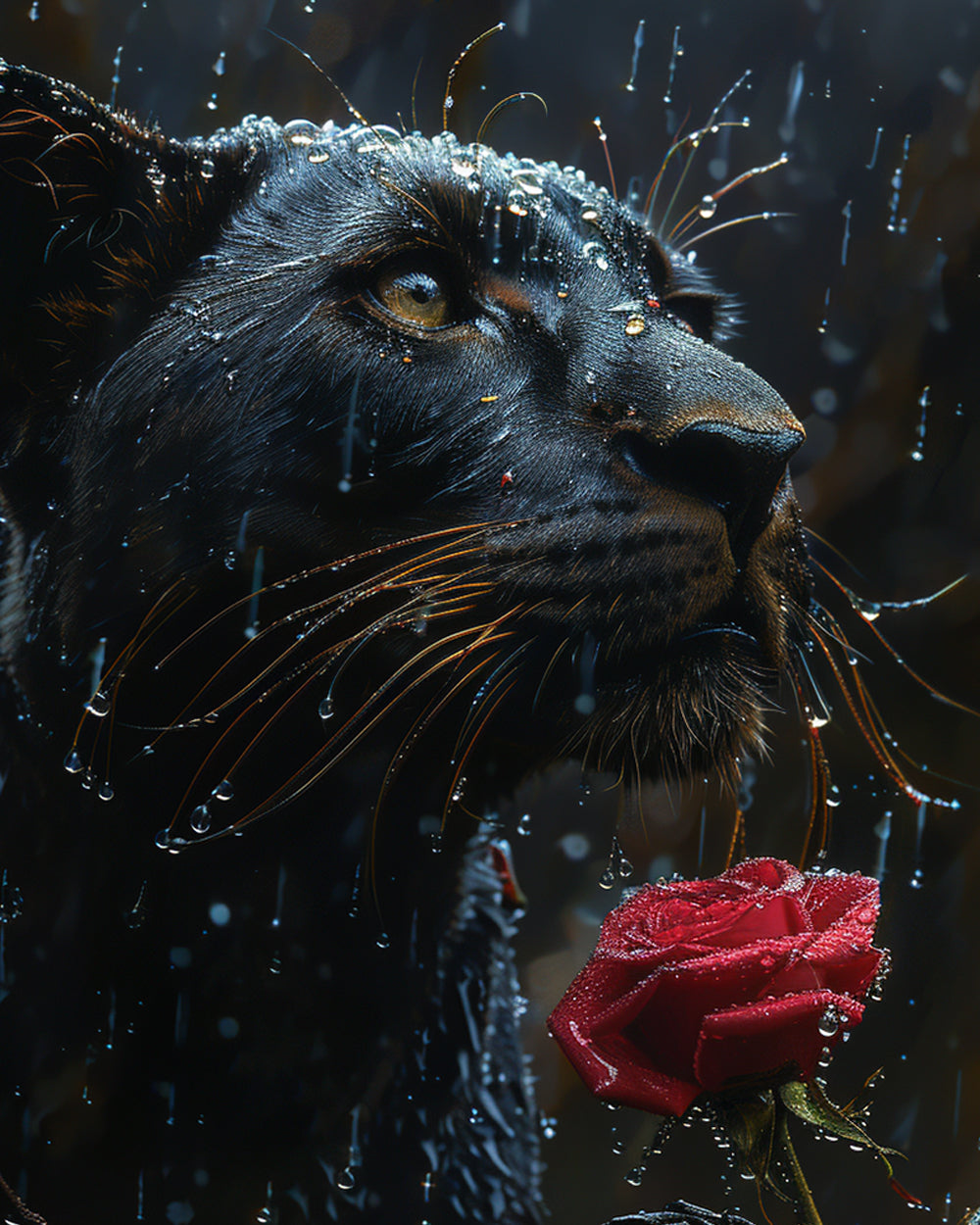 Zwarte Panter en Rode Roos in de Regen Diamond Painting