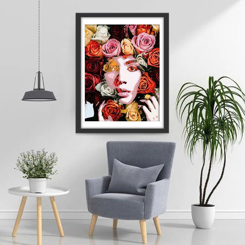 Aangezicht Omringd door Kleurrijke Rozen Diamond Painting