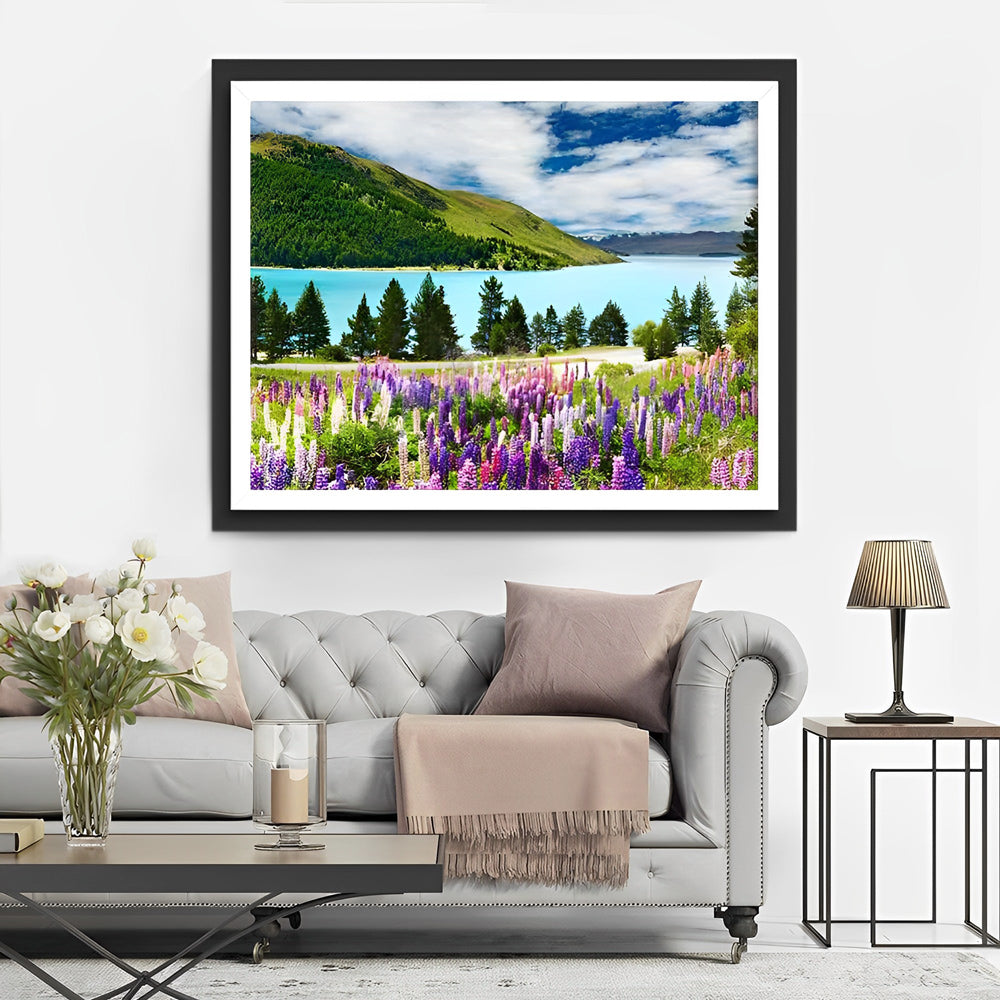 Aangrijpend Groen-blauw Meer met Bloemenweelde Diamond Painting