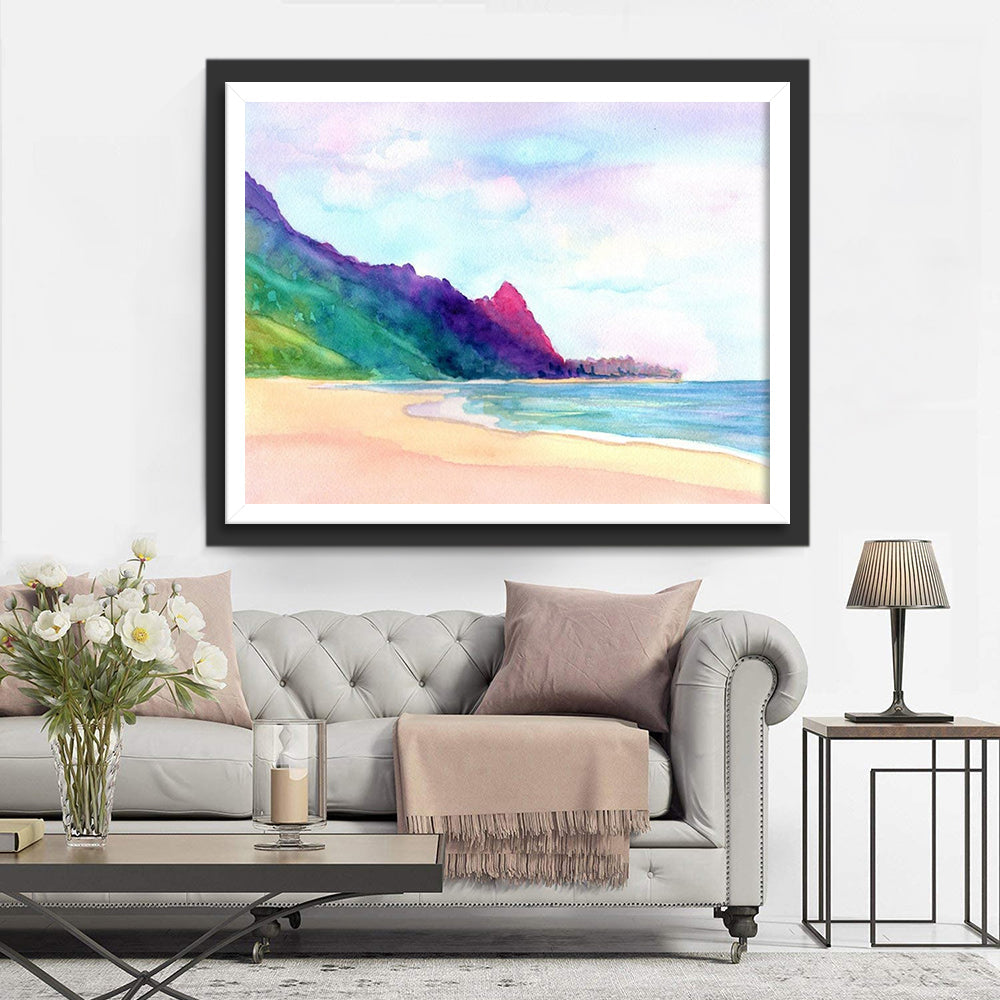 Aantrekkelijk Strand met Bergrug in de Verte Diamond Painting