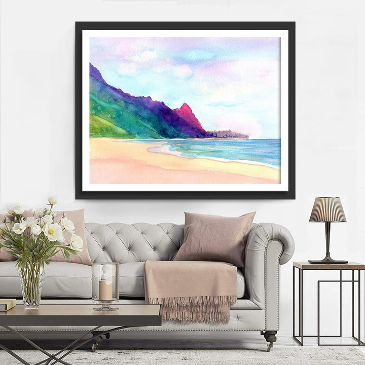Aantrekkelijk Strand met Bergrug in de Verte Diamond Painting