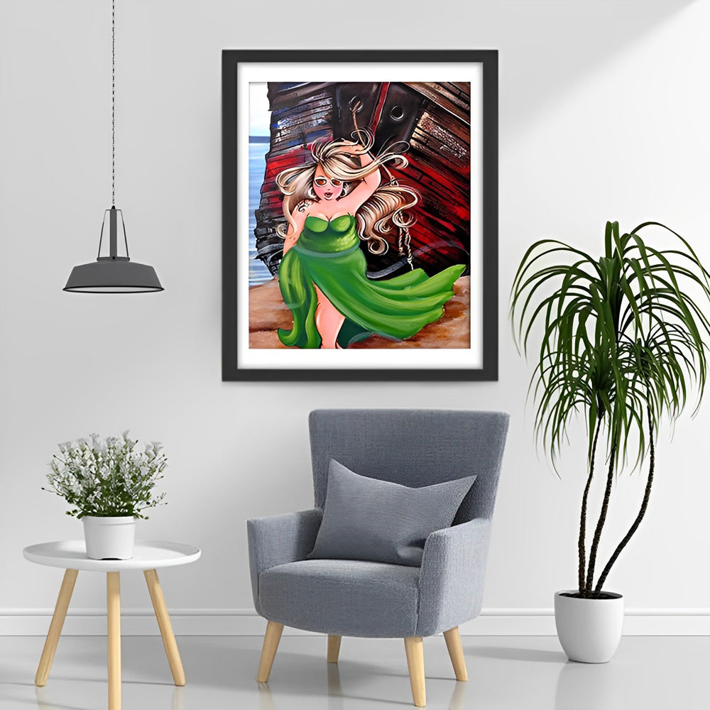 Aantrekkelijke Dame met Lang Haar in Groene Kleding bij Boot Diamond Painting