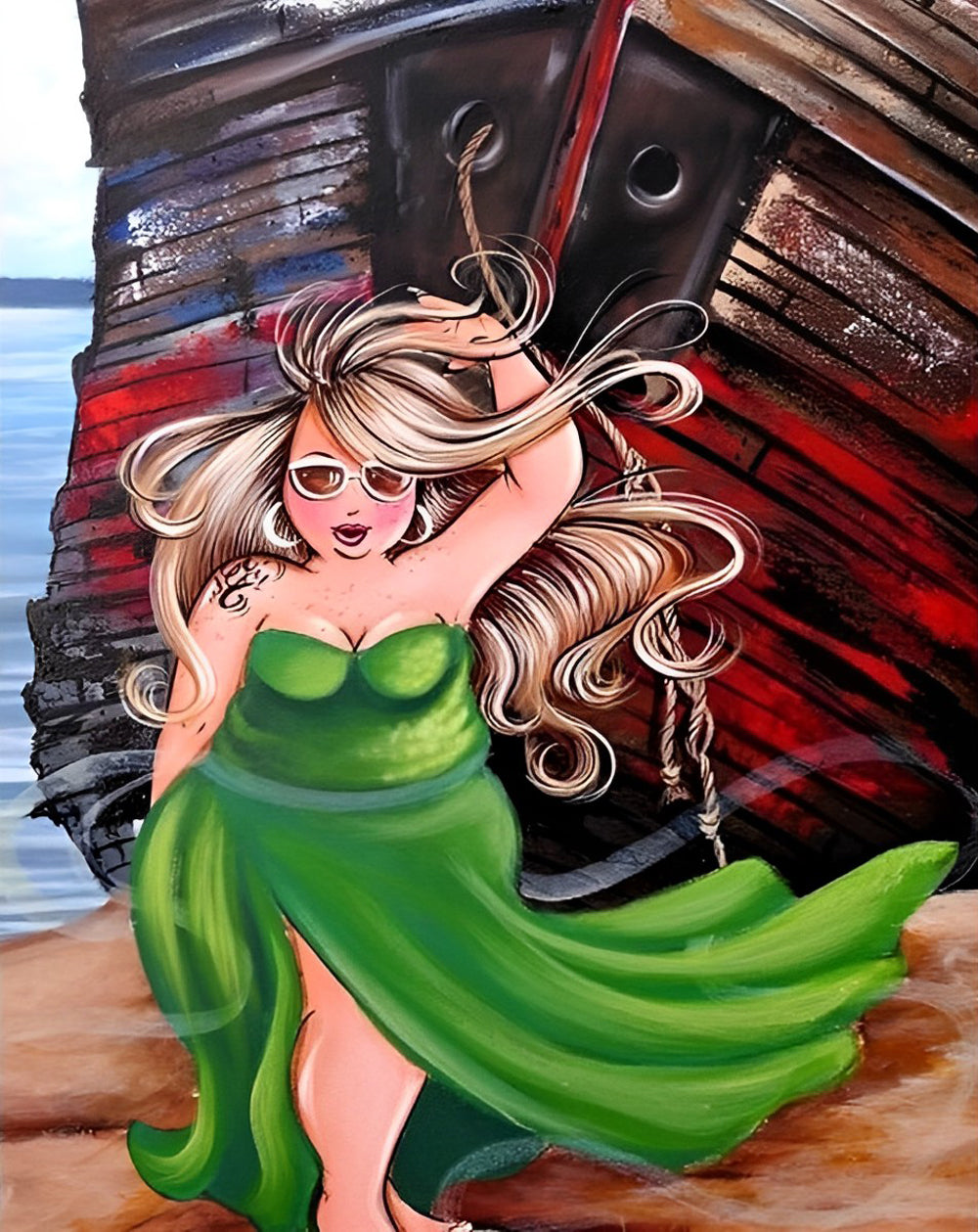 Aantrekkelijke Dame met Lang Haar in Groene Kleding bij Boot Diamond Painting
